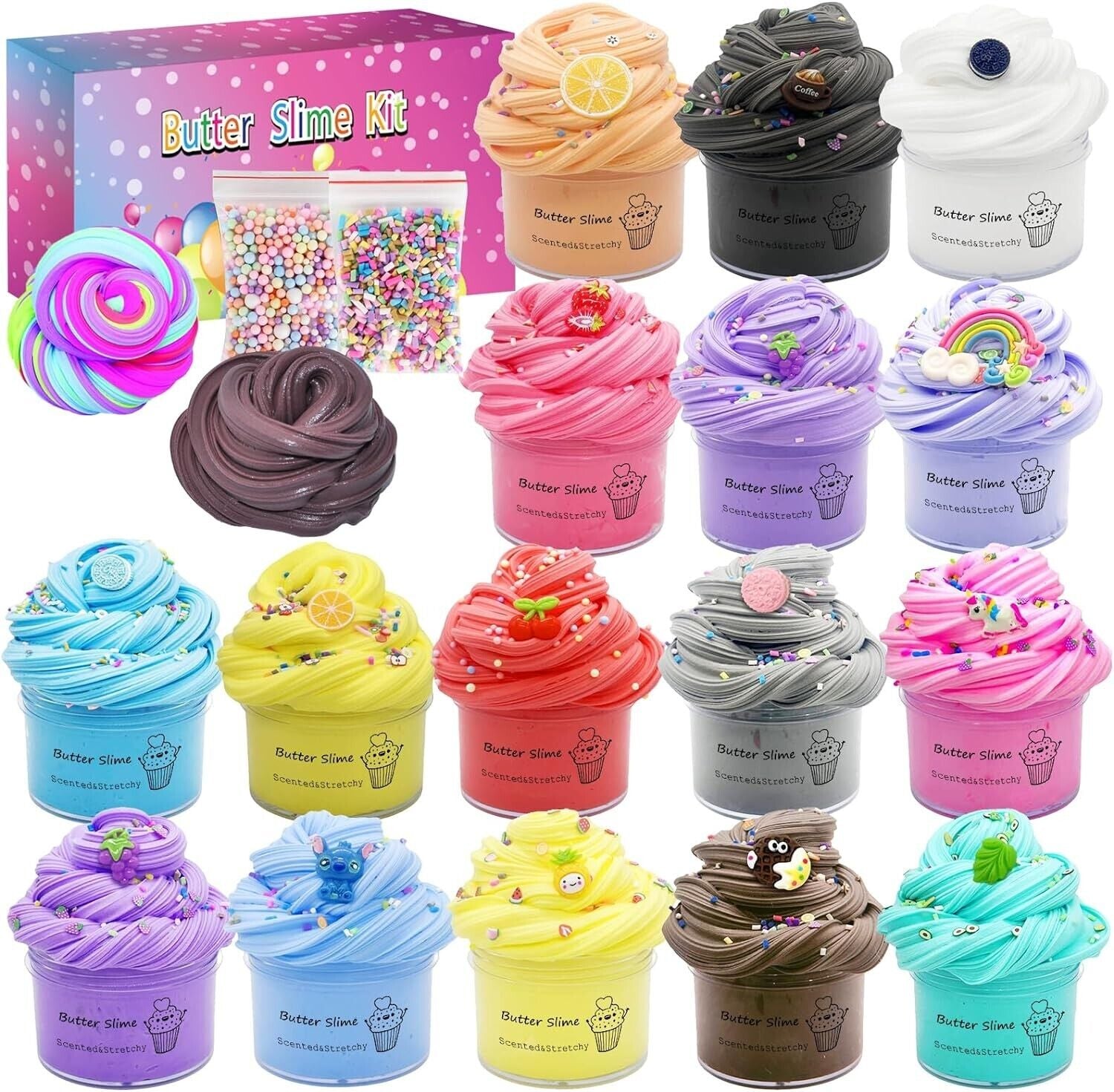 15 Pack Butter Slime Kit, with Mint Slime, Watermelon Slime, Coffee Slime, Lemon, etc.