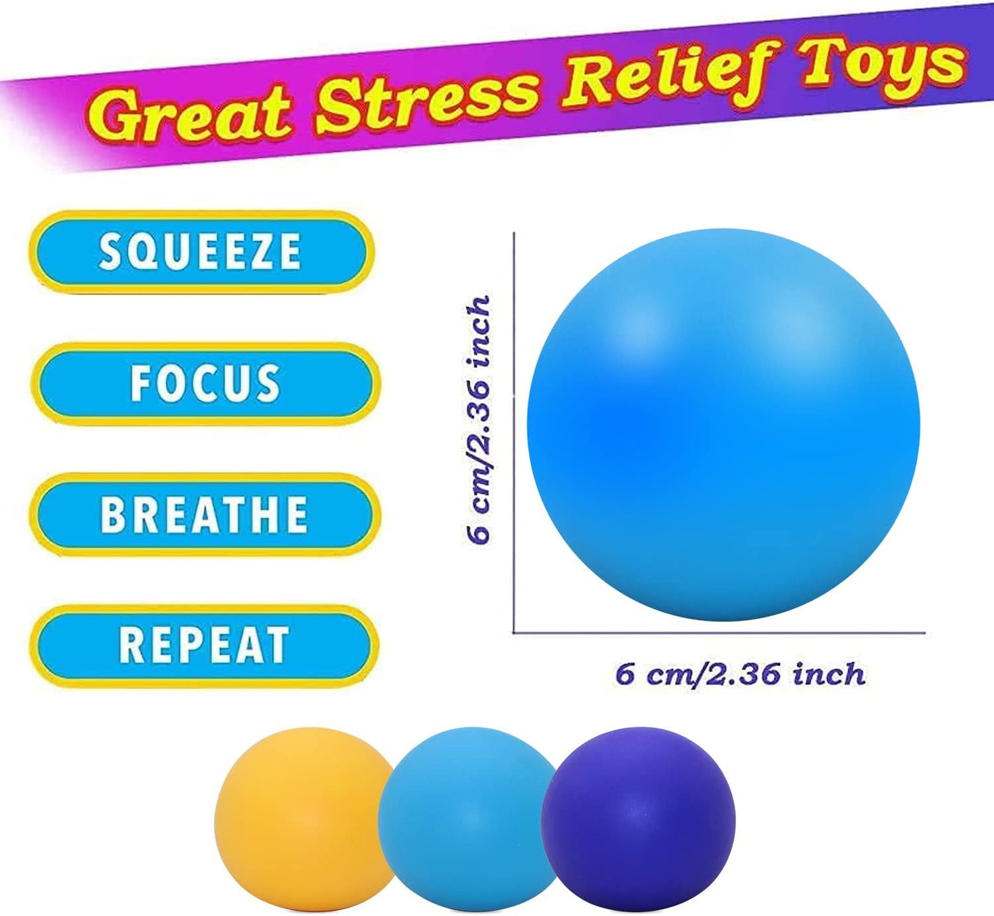 Stress Balls for Adults and Kids - 3Pk Squishy Stress Ball Fidget Toys, anti Stress Sensory Ball Squeeze Toys